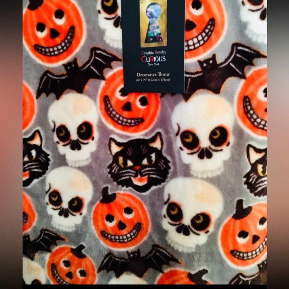 Halloween Vintage Images Throw Blanket Black Cats Skulls JOL Pumpkins Bats Plush
